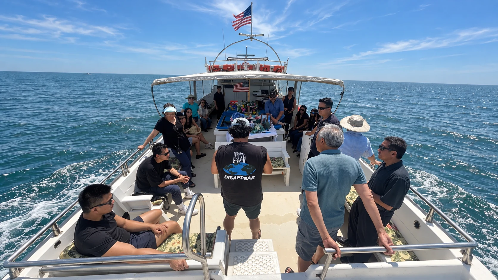 Family gathered around a memorial table aboard the vessel at sea