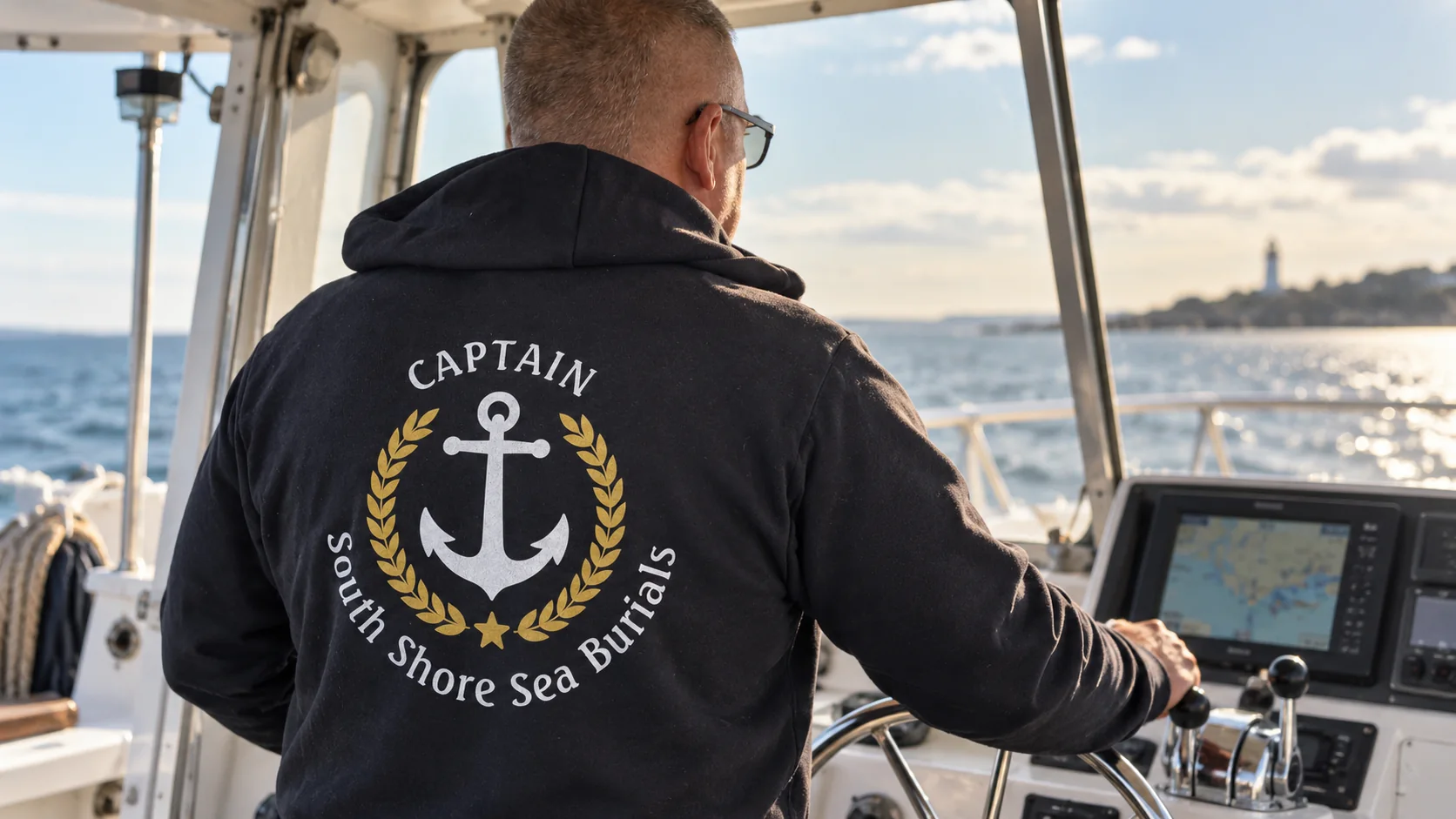 Captain John Clinton at the helm of the South Shore Sea Burials vessel