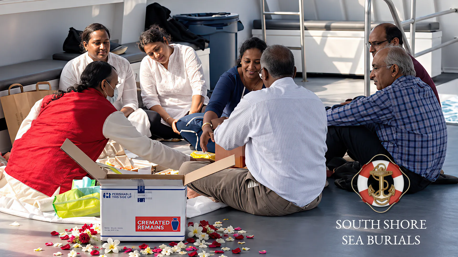 Hindu family gathered aboard a South Shore Sea Burials vessel preparing for a ceremony at sea