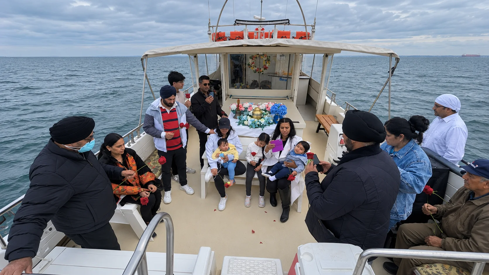 Family gathered aboard a vessel for a ceremony at sea