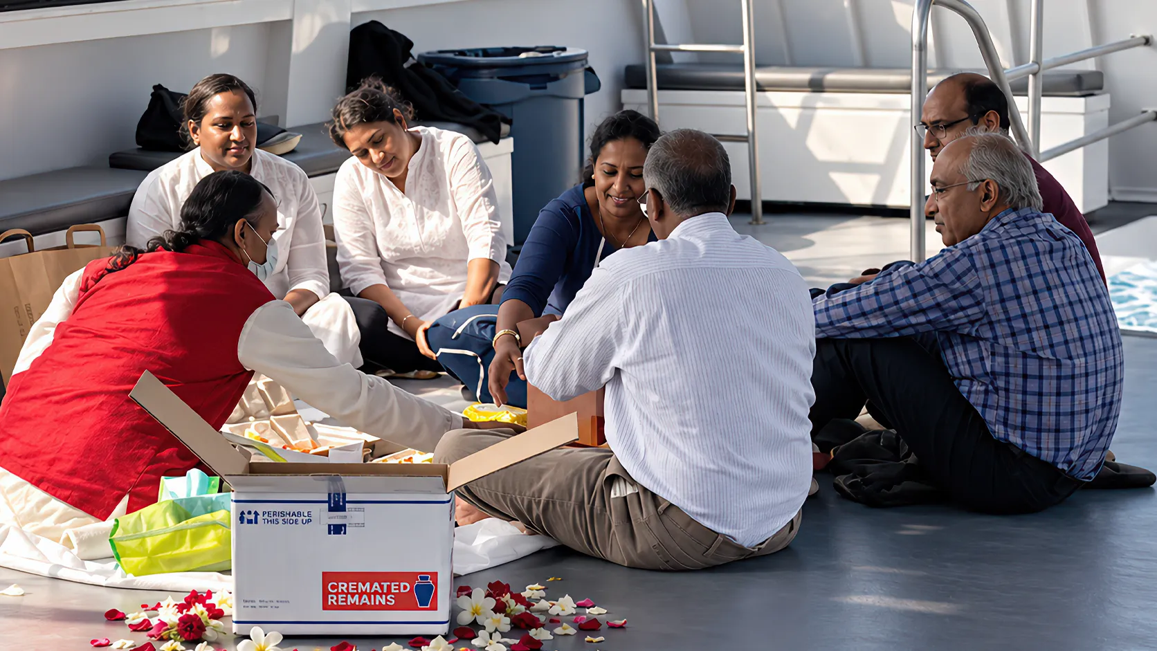 Family preparing cremated remains and flowers aboard the vessel before a ceremony at sea