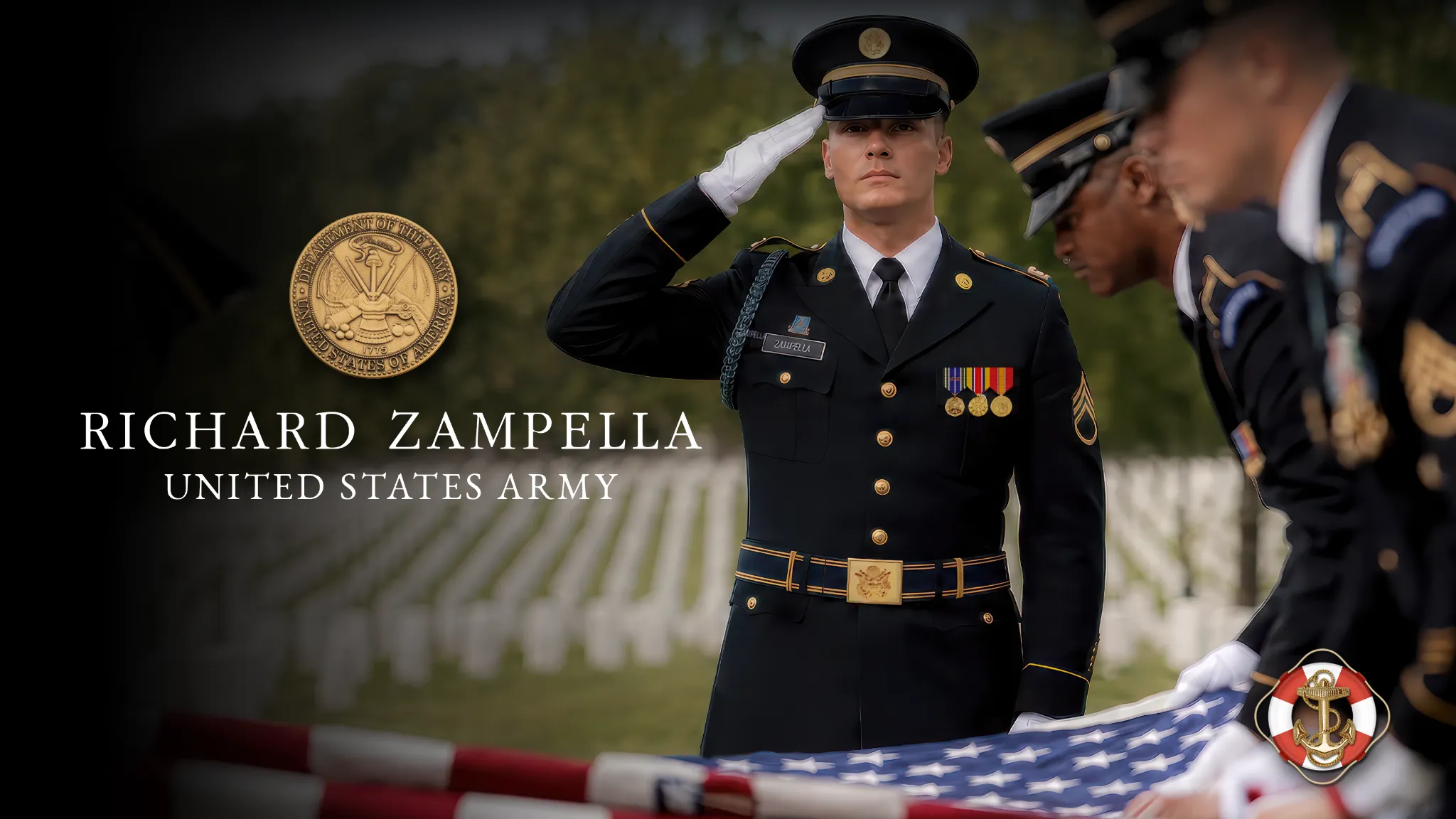 U.S. Army service montage showing a saluting soldier and flag-folding ceremony
