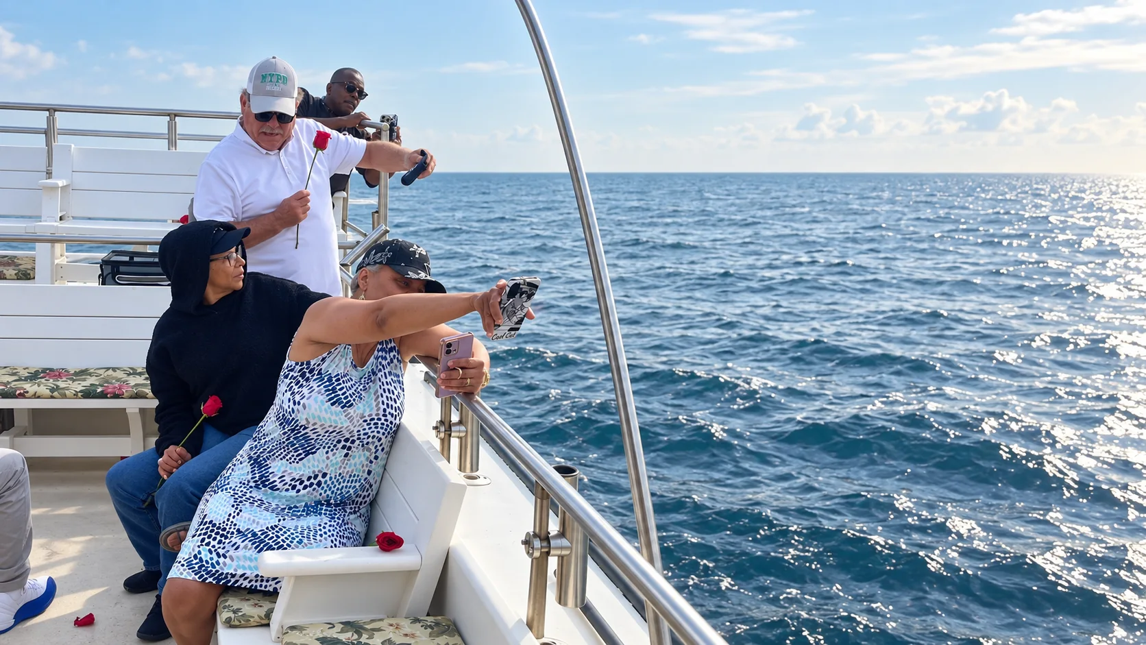Family member releasing roses into the ocean during a memorial ceremony