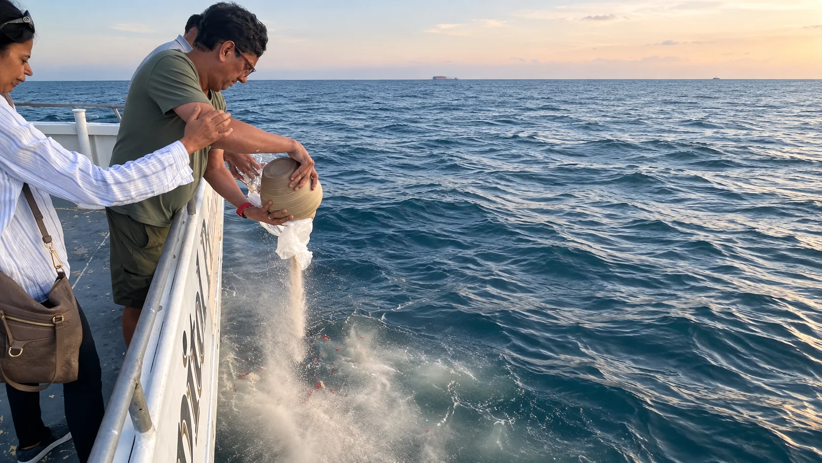 Family scattering cremated remains into the Atlantic Ocean from a vessel
