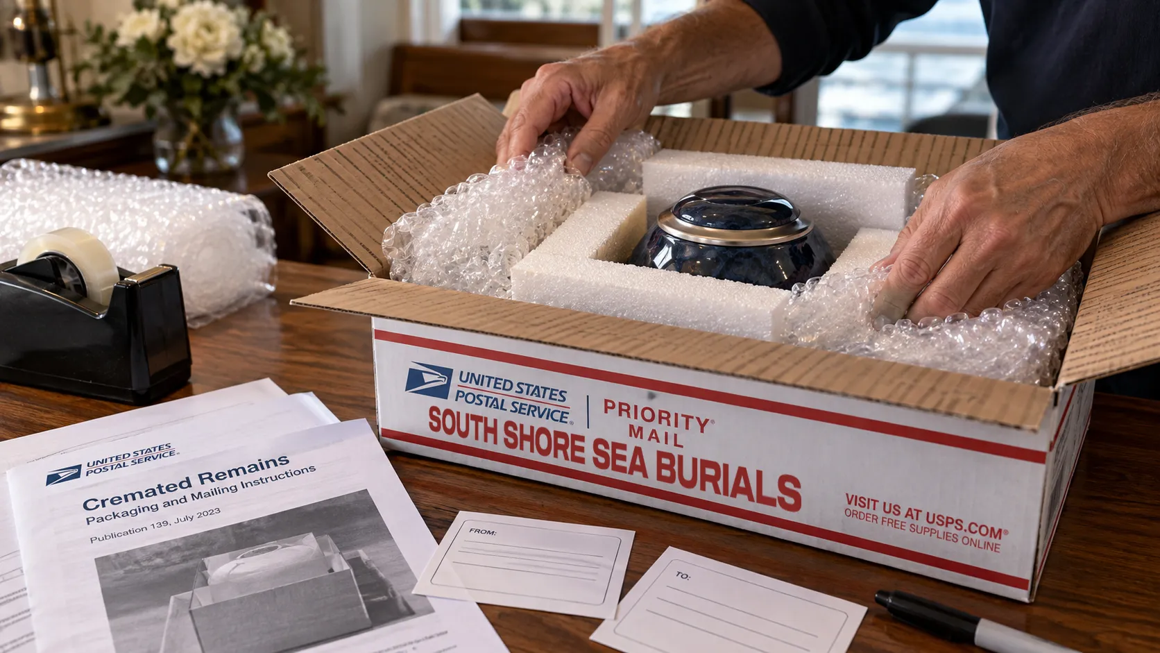 Cremated remains being carefully cushioned and prepared for shipment